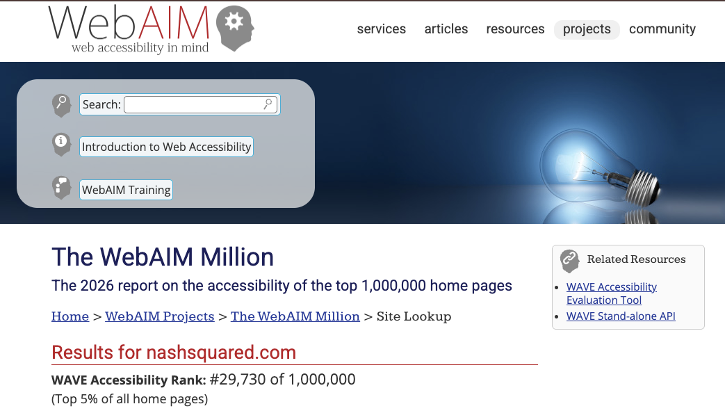 WebAIM Million report showing nashsquared.com ranked within the top 4% of 1,000,000 home pages for digital accessibility performance.